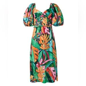 FARM Rio Green Tropical Midi Dress with Orange & Pink Floral Accents
